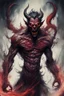 Placeholder: A piece of concept art depicting a male horrific demon with realistic, intricate details. The artwork should contain chaotic brush strokes reminiscent of the style commonly seen in late 20th-century concept art. Focus on a dynamic, flowing composition with high contrast and a primarily color scheme, to evoke a sense of movement and drama.