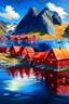 Placeholder: realistic painting of a village in Norway. Lofoten island. Red wooden houses. Water, lake, mountains, blue sky