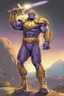 Placeholder: Thanos, the commander of the army of aliens and the king of the entire galaxy, is ready to go on a campaign with his two large swords, his very beautiful and impenetrable armor with his golden helmet, standing on top of a hill with his sword with infinity gauntlet