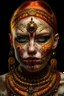 Placeholder: realistic portrait of harley quinn Hyperrealism, Ethereal portrait of a mystical being with tribal features, vibrant orange eyes, reptilian pupils, intricate scale-like patterns around the eyes, pale skin adorned with freckles, tribal tattoo on the nose bridge. Adorned in a weathered yellow tribal mask with dark markings, a central rivet, necklaces of gold, black, and red beads, a rustic red and dark green scarf with intricate designs, and small earrings. Serene expression, intense gaze, desatur