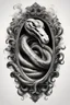 Placeholder: A realistic drawing in negative space black ink on white background of a snake head in a mirror baroque with very defined and correct details and brushstrokes smoke around it