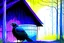 Placeholder: Generate an image of crow with eyes widened in surprise as he spots a shiny bucket near a cottage. Emphasize the contrast between the dry forest and the hint of water near the cottage.