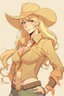 Placeholder: An anime style drawing of a buff cowgirl. she is blonde has sideburns. she is wearing chaps and a cowboy hat.