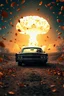 Placeholder: foreground with many falling leaves, behind is a nuclear explosion's mushroom cloud that looks more like a tree in fall, with explosion radiating outward, many leaves falling in foreground, ground is dirt and scorched with a road coming down the middle towards viewer, on the road facing towards below the viewer is a black 1962-63 Lincoln Continental with the roof down and a driving is a giant racoon, higher perspective, angelic fantastic lighting