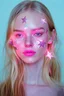 Placeholder: Elle fanning, gros plan sur son visage, elle a des etoiles en papier colléessur son visage, , lumière métallique rose,