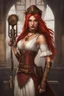 Placeholder: full body and headshot of a skinny Cleopatra, with long straight red hair, dressed as an assassin standing in a steampunk setting.