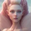 Placeholder: a large pink castle, a cheerful fairy in front, big smile, pink, blonde hair, beautiful, whole face, whole top hair head, wide open blue eyes, transparent wings onn the back, hyperrealism, masterpiece, expert, cinematic lighting, sharp focus, 8K, pastel, macro lens, woman, detailed, flower