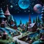 Placeholder: Detailed creepy landscape made of modeling clay, fairy tale, people, village, stars and planets, Roger Dean, naïve, Tim Burton, strong texture, Ernst Haekel, extreme detail, Max Ernst, decal, rich moody colors, sparkles, bokeh