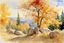 Placeholder: Sunny day, autumn trees, rocks, fantasy, mountains, epic, john singer sargent watercolor paintings