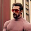 Placeholder: a young man with big muscles who looks like hans gruber wearing a turtleneck and red sunglasses staring with an angry look on his face