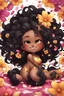 Placeholder: A sassy thick-lined airbrushed cartoon black chibi girl lounging lazily on her side, surrounded by flower petals. She has a golden lion tail curling playfully behind her curvy body. Looking up coyly, she grins widely, showing sharp lion teeth. Her poofy hair forms a mane framing her confident, regal expression.