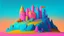 Placeholder: Pink, orange, yellow, dark blue and aqua blue castle on a hill