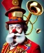 Placeholder: happy old friendly clown with round head and trimmed beard playing jazz with a steampunk theme, trumpet on mouth, circus, realistic