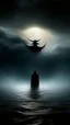 Placeholder: Mourning in dephts of ocean , a halo shadowed figure with a smoky clouds and black bats in dark gloomy foggy background with very small dem light