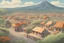 Placeholder: serene volcanic landscape with a peaceful village at the foot of a dormant volcano, capturing the tranquility of the scene before the eruption