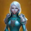 Placeholder: D&D cleric, female, platinum blonde hair, happy, teal armor, eyes gold