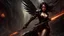 Placeholder: biomechanical women, beautiful, steampunk, dusty brunette, long square, large steampunk black wings, sword, steam, dynamic pose, rain, wind, ashes, flashes of fiery threads, steam engine, caves with rusty pipes on the background, sketch art, fine lines, grunge, sensual, darkness, dark colors, by Raymond Swanland & Alyssa Monks & Anna Razumovskaya