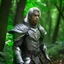 Placeholder: Please create an image for a young elven male with light brown skin, silver hair, and green eyes. He is standing outside in the forest during springtime, wearing leather armor. He is accompanied by a walking suit of armor