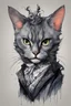 Placeholder: create a wild caricature of an ornately dressed vampire sorceress Russian Blue cat, highly detailed with refined feline features in the cartoon caricature style of Gerald Scarfe and Ralph Steadman precisely drawn, boldly inked, vividly colored, 4k