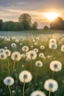 Placeholder: Field of dandelions in their fluffy form with the sun setting behind the field