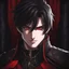 Placeholder: A headshot of a smirking, handsome, male medieval villain in his late 20's, he radiates raw dark power, wearing red and black leather fantasy armor, anime style, dark medieval background, intricately detailed