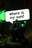 Placeholder: speech bubble in front with weird font saying "Where is my son!" Haraberget big fast killer glowing ball demi-lich in background, magic swirl, strong winds, true grit, reggae rasta native stand off fast draw poncho cowboy wizard on knees hurt punching green and blue fire ball whip while taking sight wand slinger, in dark cave ,bokeh like f/0.8, tilt-shift lens 8k, high detail, smooth render, down-light, unreal engine