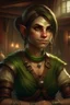 Placeholder: Dungeons and dragons orc young woman. She has green skin. She is kind. She is handsome. She has nice eyes. She has short hair. She is strong. She is in a tavern. She has broad shoulders. She has a large jaw. She wears casual peasant clothes. Realistic style