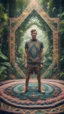 Placeholder: mandala style framed playing card illustration, close up portrait of a man with feets for hands posing for photo shoot in a space alien mega structure with stairs and bridges woven into a sacred geometry knitted tapestry in the middle of lush magic jungle, bokeh like f/0.8, tilt-shift lens 8k, high detail, smooth render, down-light, unreal engine, prize winning