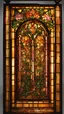 Placeholder: The image depicts a tall, narrow stained glass panel with an intricate, nature-inspired design. The panel is framed in ornate, golden-colored wood with detailed carvings at the top and bottom. The central motif of the stained glass features a variety of blooming flowers, including pink and orange hues, with lush green stems and leaves winding their way up the length of the panel. The background consists of softly muted blue and beige tones, arranged in geometric patterns that contrast with the o