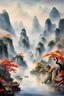 Placeholder: It depicts awe-inspiring traditional color paintings and color landscape paintings in a style characteristic of Chinese culture, and the scenery of the Li River. The focal point of the image should be a mountain shrouded in mist, reflecting the stature and splendor. At the foot of the mountain, a wide river should be seen meandering along it, clear enough to reflect the surrounding landscape. Important elements of the landscape, such as rocks and mountains, should be artfully crafted using ink t