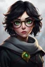 Placeholder: Female young human sorcerer with black wavy short hair, green eyes, round glasses and freckles in league of legends realistic style full body image