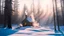 Placeholder: cabin in forest in winter light smoke from chimney