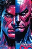 Placeholder: Poster in two gradations, split in half, one side "spiderman", other side "superman", midline of the face, painting by Yoji Shinkawa, dark blue and pink detailed iridescent, metallic, translucent, dramatic lighting, hyper futuristic, digital art,