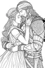 Placeholder: Fantasy coloring page, minimal detail. HD. Woman embracing a male knight with a beard