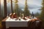 Placeholder: Peder Monk Monsted style, light white tablecloth, copper jug, book, wine bottle, wine glass with wine on the table, lake mountains forest in the background
