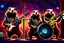 Placeholder: punk Groundhog rock band, playing the guitar, the drums and a saxophone. Window background, Orion Nebula. fun, artistic, hdr, crisp quality, award winning, 4k, warm colors, photo-realistic, digital painting