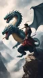 Placeholder: A man climbing a mountain and big dragon attacking him while he is hanging by a robe in one hand and fighting it with a sword on the other hand