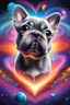 Placeholder: large eyed happy puppy grey frenchton in the distance a colorful intricate HEART shaped planet similar to earth majestic cinematic holographic painting of a high magnitude of a many abstract big dots wrapped in smoke lines of a wanting to become an emitter fractal, cinematic eye view