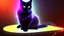 Placeholder: black cat sitting on an office chair, dark room with neon violet lights, realistic