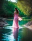 Placeholder: beautiful girl in pretty pink -blue dress walking in water toward camera in trees next to wavy river with clear water and nice sands in floor.camera capture from her full body front, spring blosom