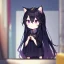 Placeholder: Clear focus, High resolution,a anime kid, rough line skecth, cute, cartoony style, 1girl, black long hair,hair between eyes, cat ears, purple eye, 1 purple streak in haie, half chibi, only head no body