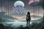 Placeholder: A woman with dark hair, in an android suit, looking out over a lake, in an alien forest, with tall cloud trees, flying Portuguese men of war with octopus tentacles