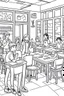 Placeholder: outline art for real A cheerful classroom scene with students and a teacher Coloring page, manga style, cartoon style, cute face, white background sketch style, full body is a must, only use outline, clean line art, no shadow, bold outlineMasterpiece, Ominous, Golden Ratio, Highly Detailed, photo, poster, fashion, illustration