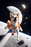 Placeholder: white and orange dog flies to the moon on top of the a rocket, writes, in space, realistic, 4k, Cinematic,