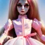 Placeholder: ball jointed doll, long pink hair, brown eyes, pink dress, sitting