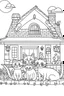 Placeholder: coloring page for kids, Cats in the house, cartoon style, thick lines, low detail, no shading