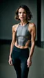 Placeholder: photography of a beautiful anorexic woman, grey satin triathlon top, sports illustrated, brunette short wavy bob haircut, pronounced sternum, flat chest, anthracite short leggins