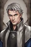 Placeholder: {{Man}}, Male, Olive Skin Tone, Short Hair, Silver Hair, Adult, Ray Stevenson, {{Blue Eyes}}, Black Leather Medieval Attire, Digital Art