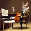 Placeholder: A cat that is dressed like Wolfgang Amadeus Mozart is playing Piano. Background Music notes are dancing. Immpressionism