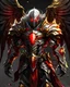 Placeholder: silver and gold armor with glowing red eyes, and a ghostly red flowing cape, crimson trim flows throughout the armor, the helmet is fully covering the face, black and red spikes erupt from the shoulder pads, crimson and gold angel like wings are erupting from the back, crimson hair coming out the helmet, spikes erupting from the shoulder pads and gauntlets